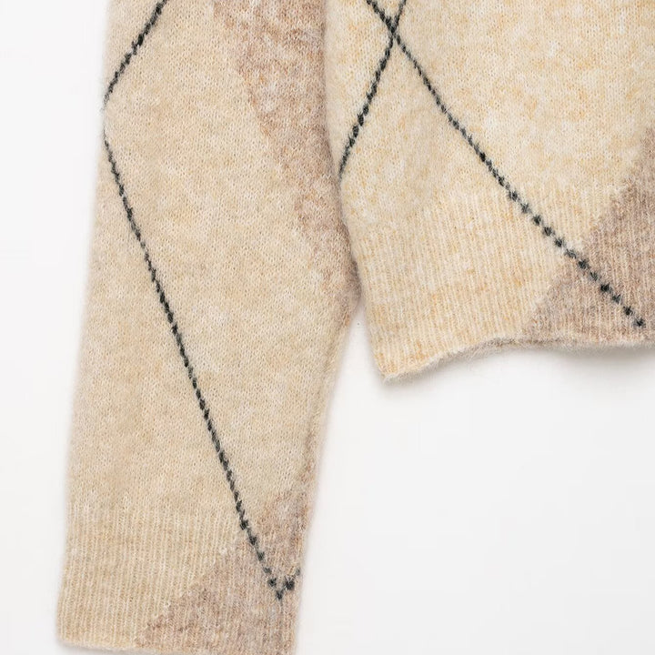 Damen Argyle-Pullover aus Wollmix mit weichem Flor und kastiger Cropped-Silhouette Drune