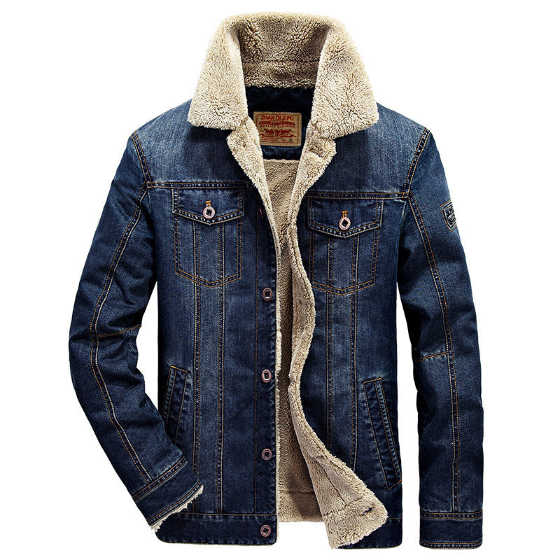 Herren Jeansjacke im Worker‑Look mit Stehkragen, Brustpattentaschen und Ziernähten Drune