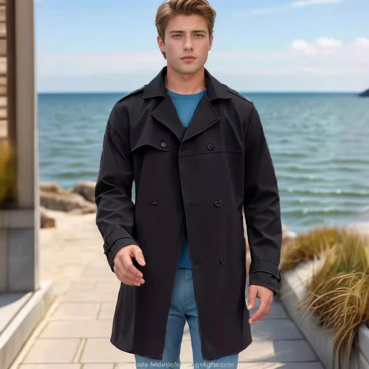 Herren nan urbaner Regenmantel im Trench-Stil mit doppellagiger Sturmklappe und verstellbaren Manschetten Drune