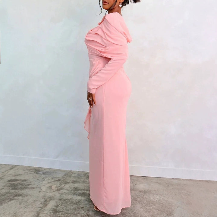 Damen Elegantes Maxi-Kleid mit drapierter Schultergestaltung und langem Arm Drune