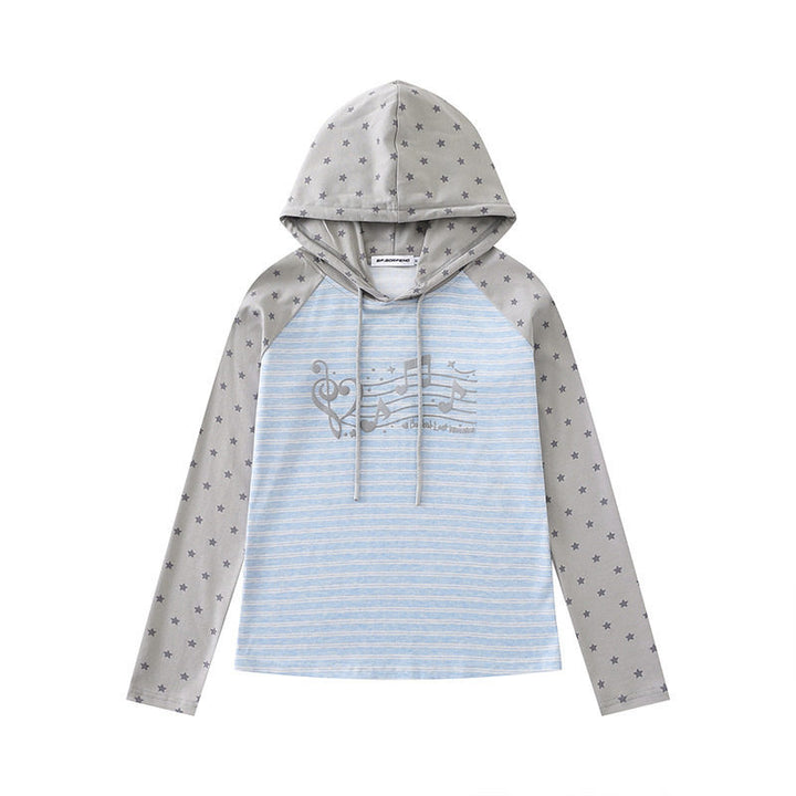 Damen Kapuzen-Langarmshirt im Raglanstil mit Sternärmeln und Noten-Print Drune