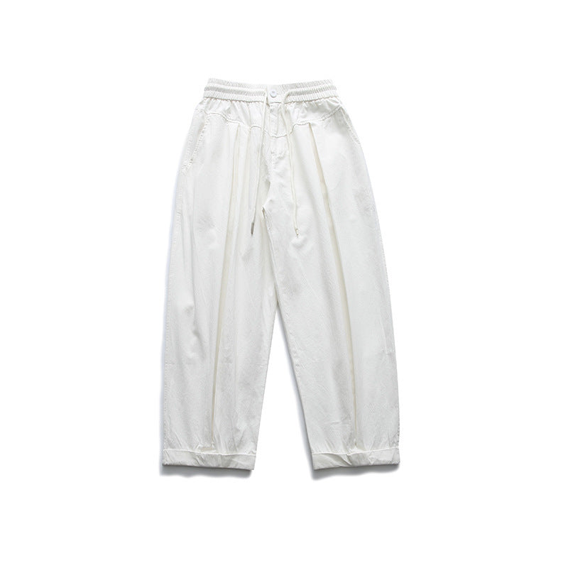 Damen Weite High‑Waist Bundfalten-Hose mit elastischem Kordelbund und gekrempeltem Saum Drune