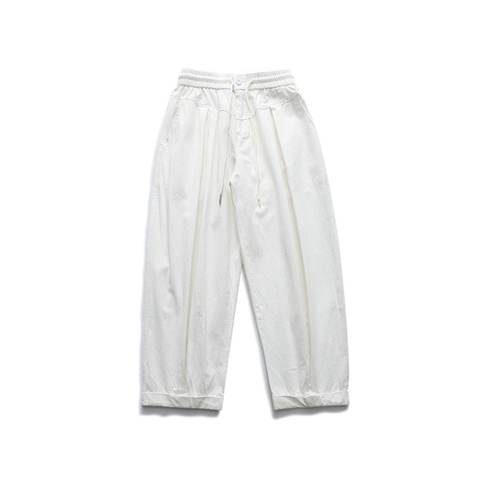 Damen Weite High‑Waist Bundfalten-Hose mit elastischem Kordelbund und gekrempeltem Saum Drune