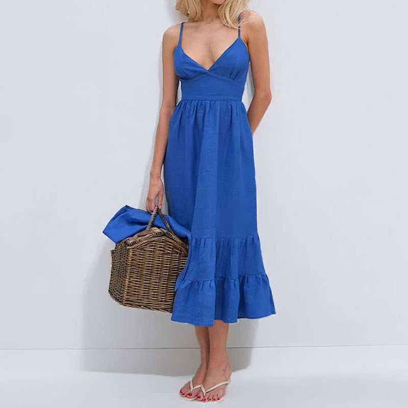 Damen Maxikleid mit tiefem V-Ausschnitt und voluminösem Rock Drune