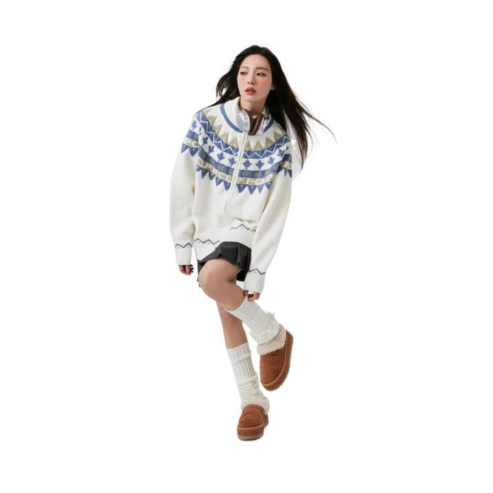 Damen Lässige Strick-Zipjacke mit Jacquard-Yoke und Rippbündchen Drune