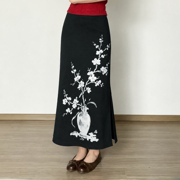 Damen nan ausgestellter Maxi-Rock mit A-Linien-Schnitt, elastischem Bund und floraler Aquarell-Vasen-Print Drune