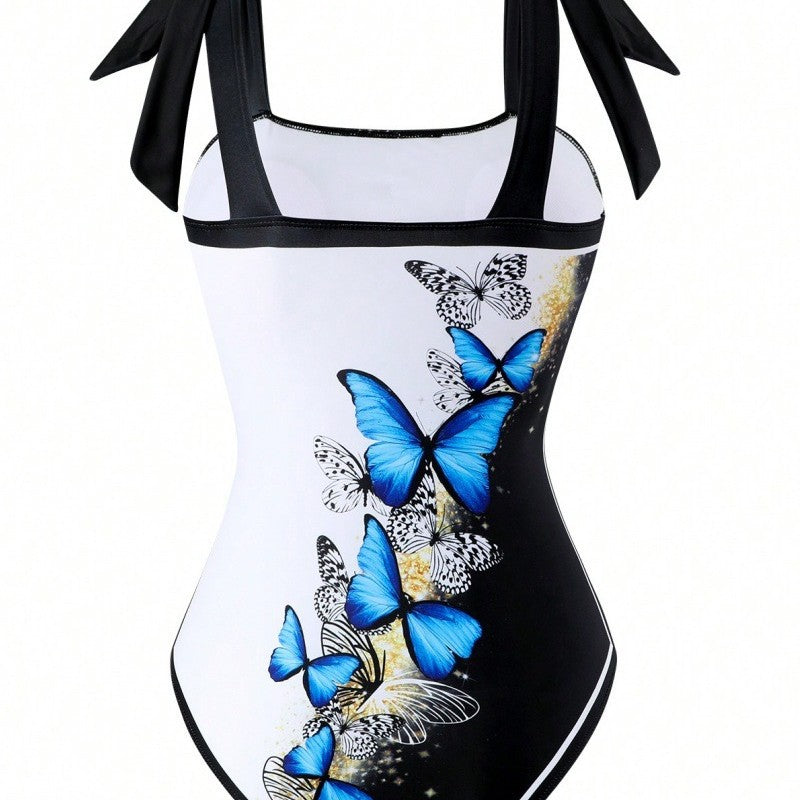 Damen Einteiler Badeanzug mit schickem Wickelrock und Butterfly-Motiv Drune