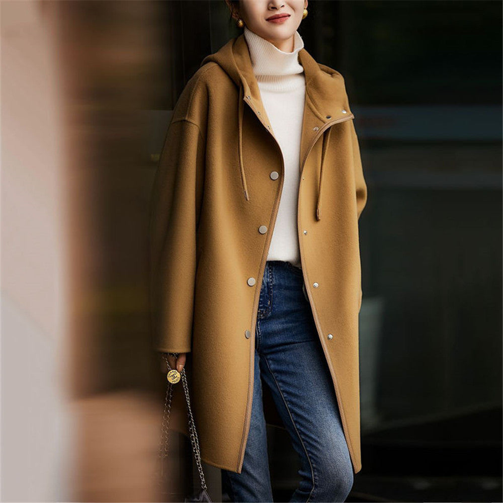 Damen nan midilanger Wollmixmantel mit Kapuze und Druckknopfleiste im Oversize-Schnitt Drune