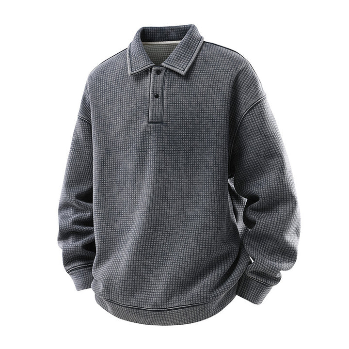 Herren Waffelstruktur-Poloshirtpullover mit Kragen und verdeckter Knopfleiste Drune