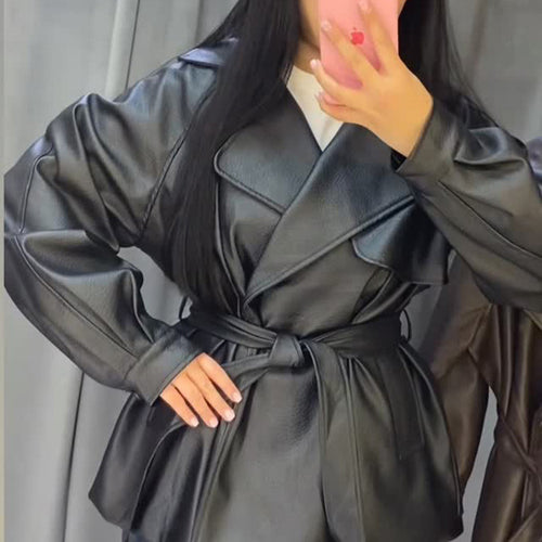 Damen Kurze Kunstleder-Wickeljacke mit Taillengürtel und übergroßem Revers Drune