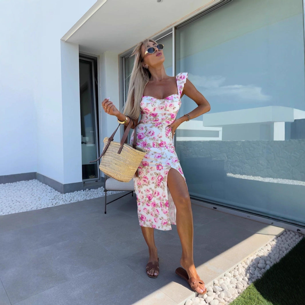 Damen Floral Maxikleid mit Rüschendetails und seitlichem Schlitz Drune