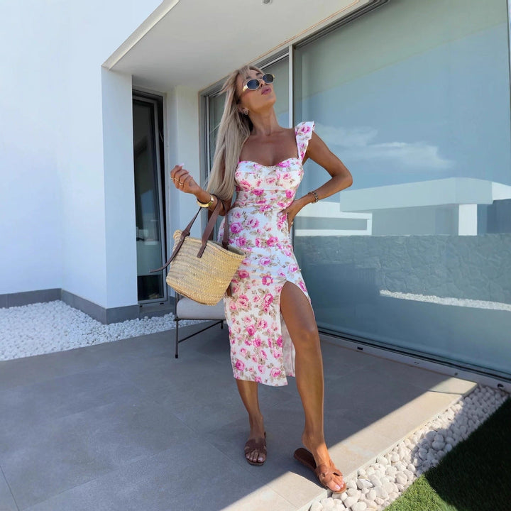 Damen Floral Maxikleid mit Rüschendetails und seitlichem Schlitz Drune