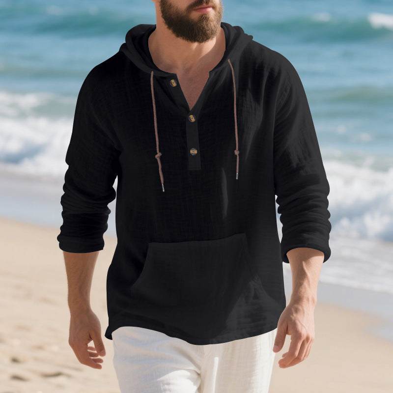 Herren lässiges Kapuzenshirt mit Knopfleiste und praktischer Kängurutasche Drune
