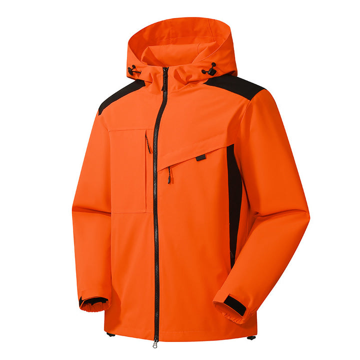 Herren technische Softshelljacke mit Kapuze, diagonalem Brustfach und Multifach-Reißverschlusstaschen Drune