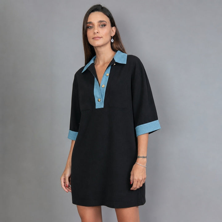 Damen oversized Polo-Tunika mit Kontrastkragen und aufgesetzten Brusttaschen Drune