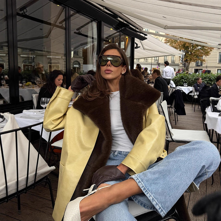Damen Eleganter Oversize-Mantel aus Veloursleder‑Optik mit voluminösem Faux‑Fur‑Schalkragen Drune