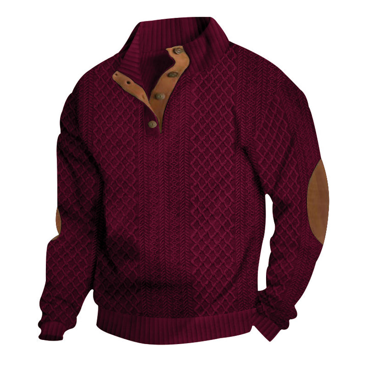 Herren nan grob gestrickter Strickpullover mit Schalkragen, Knopfleiste und Ellbogenpatches Drune