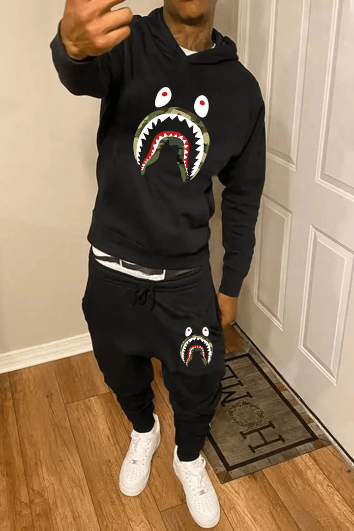 Herren Sweatshirt und Jogginghose Set mit auffälligem Haifischmotiv Drune