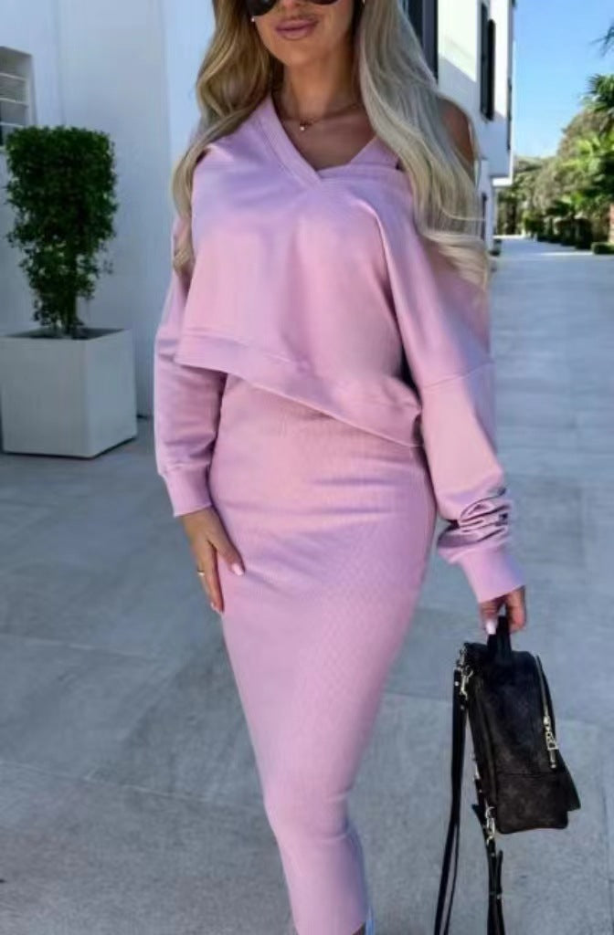 Damen Zweiteiliges Lässig-Chic Lounge-Set mit asymmetrischem Off-Shoulder Sweatshirt und figurbetontem Midi-Rock Drune