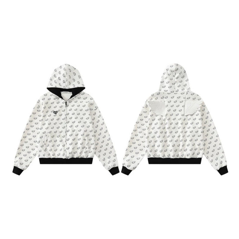 Damen Kapuzensweatjacke mit Allover‑Flügelmotiv, durchgehendem Reißverschluss und kontrastierenden Bündchen Drune