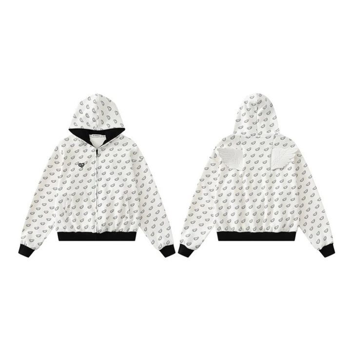 Damen Kapuzensweatjacke mit Allover‑Flügelmotiv, durchgehendem Reißverschluss und kontrastierenden Bündchen Drune
