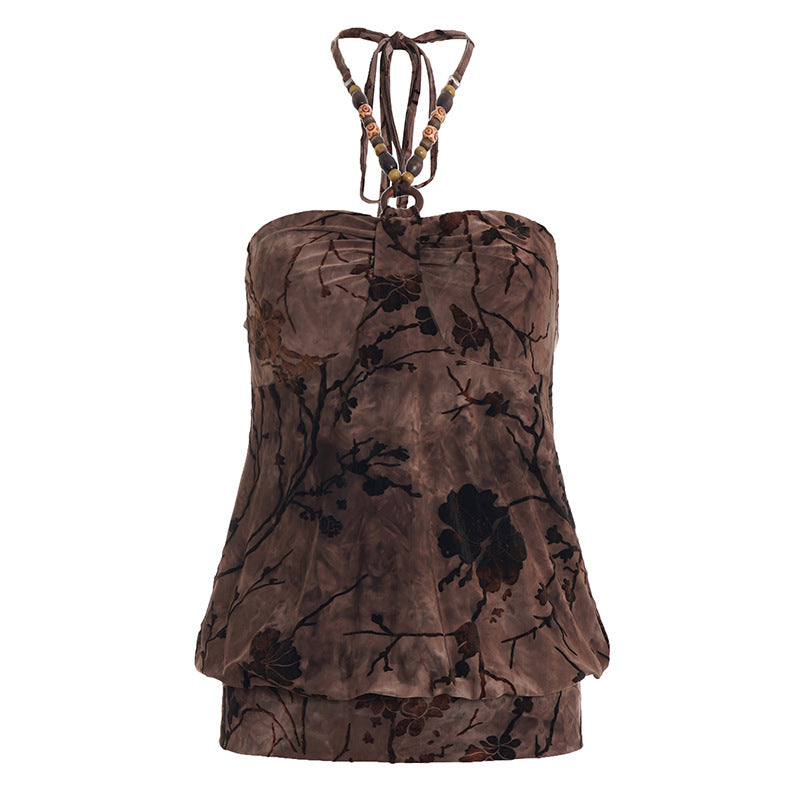 Damen Blusenoberteil mit verspieltem Halterneck-Design und floralem Muster Drune