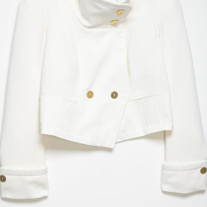 Damen Cropped-Blazer mit hohem Stehkragen, doppelreihiger Knopfleiste und Ziermanschetten Drune