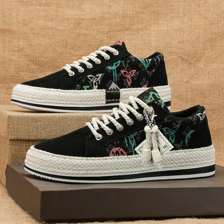 Damen bestickte Canvas‑Sneaker mit Quastenanhänger und geflochtener Plateausohle Drune