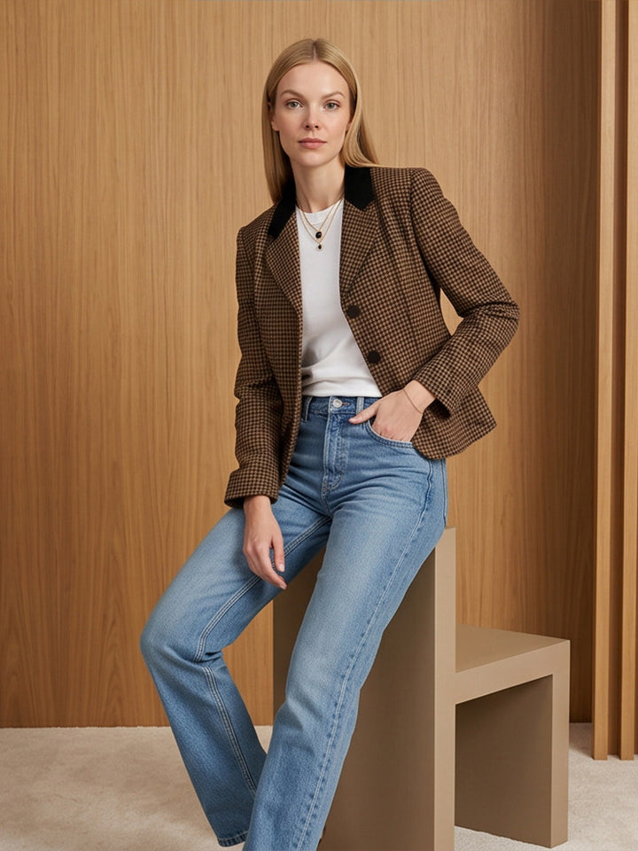 Damen Taillierter Hahnentritt-Blazer mit Samtkragen und Zweiknopfleiste Drune