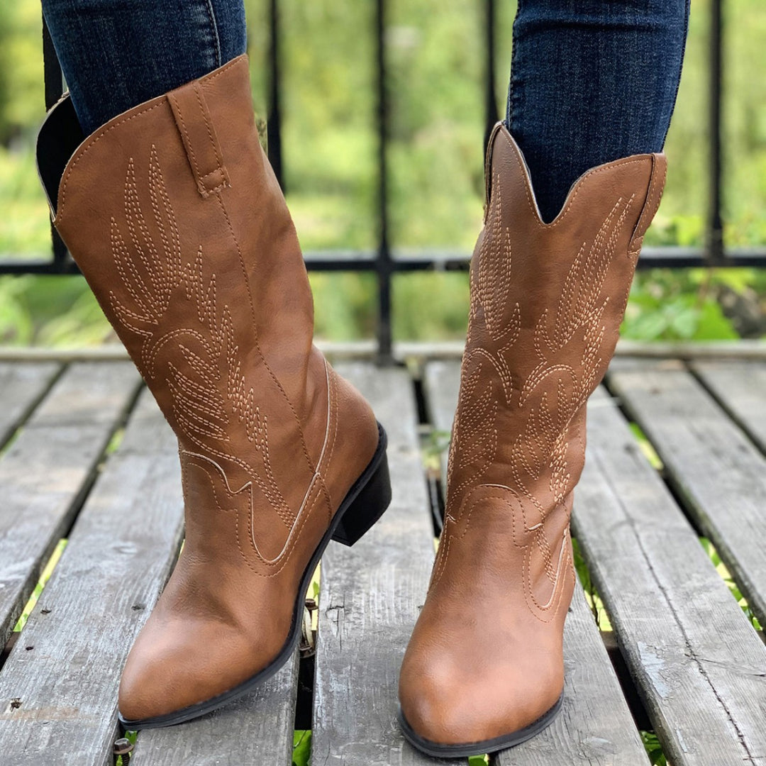 Damen Cowboy-Stiefel mit hohem Absatz und kunstvollen Stickereien Drune