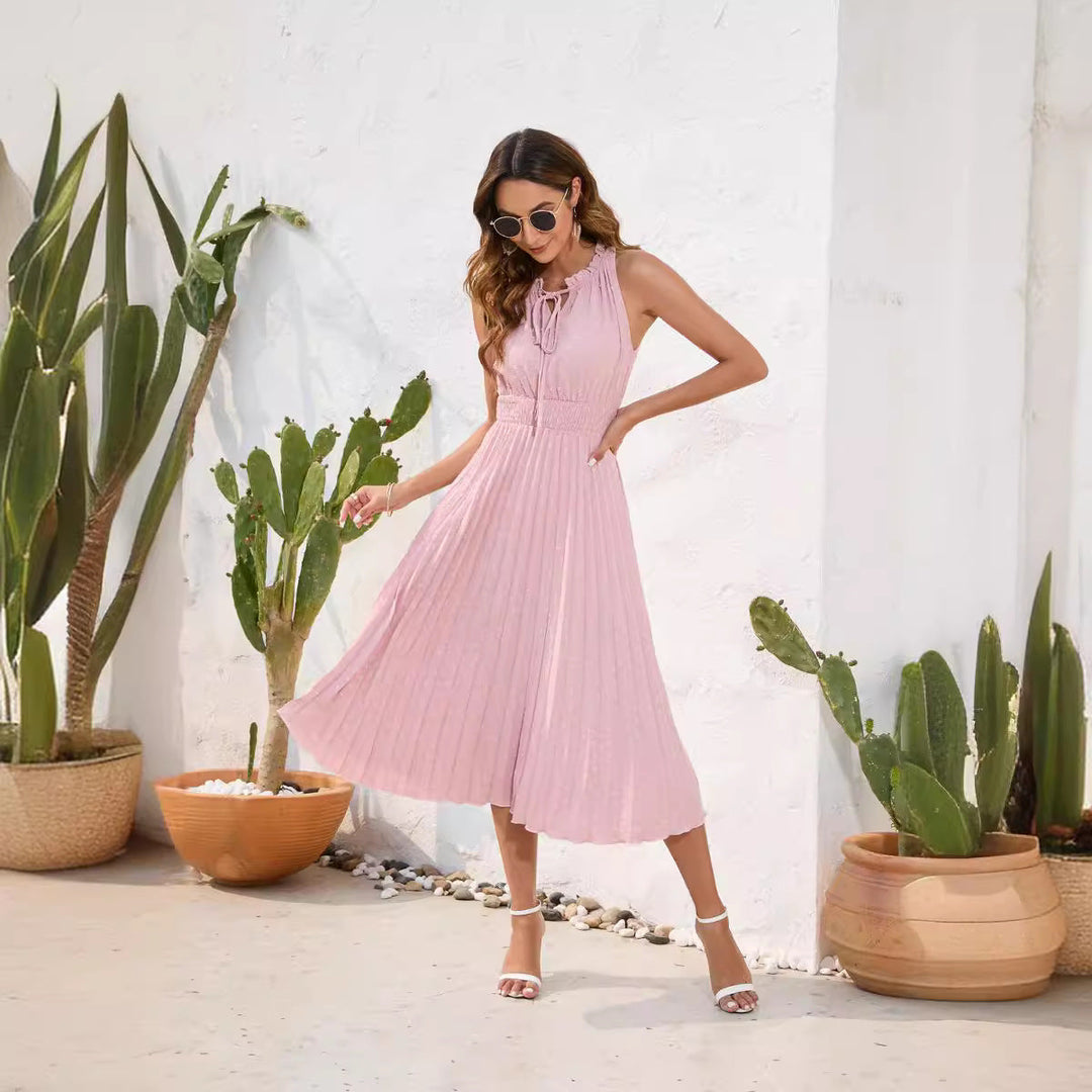 Damen Plissiertes Midikleid mit elegantem Schlitz und verstellbarem Kragen Drune