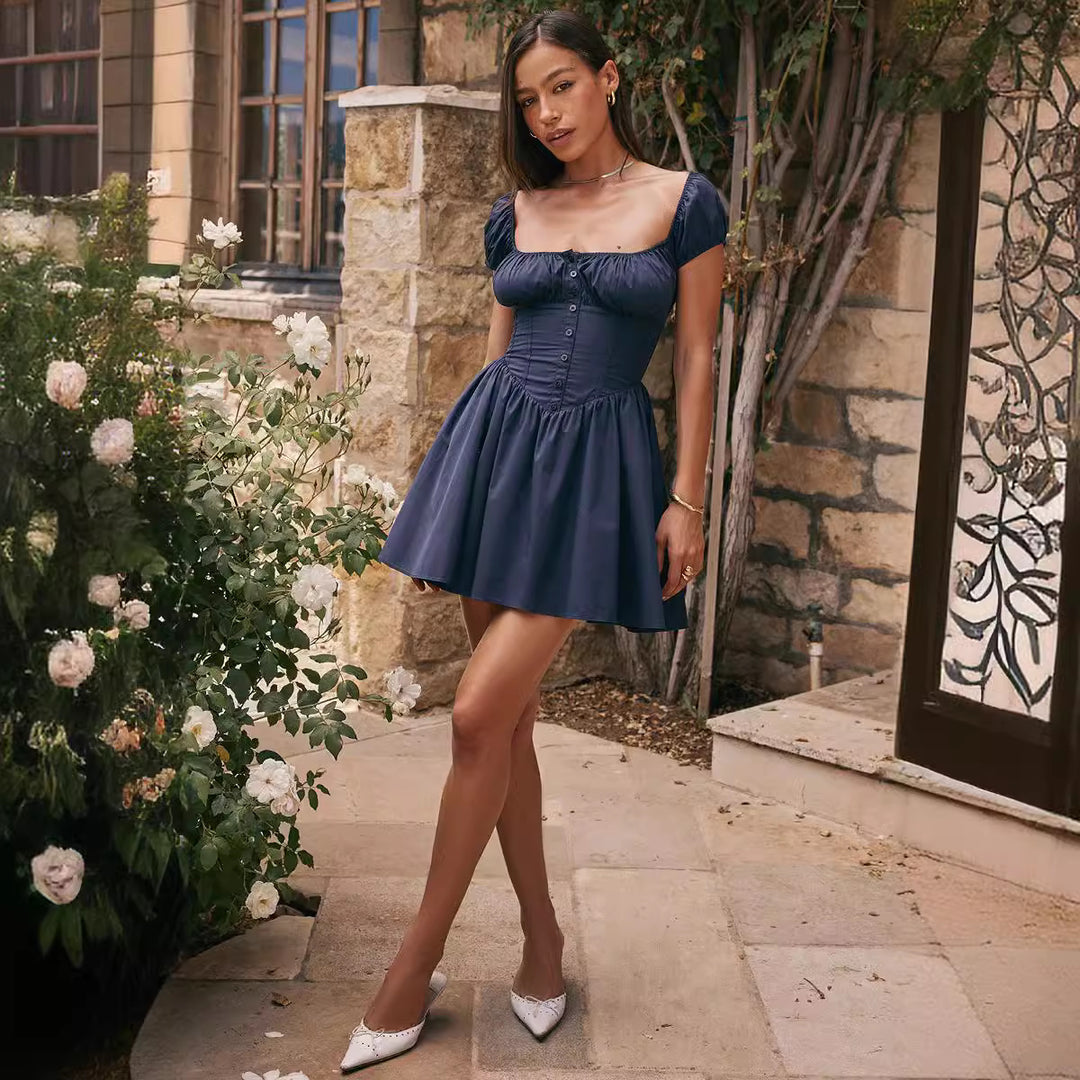 Damen kurzes Liebeserkundendes Kleid mit Puffärmeln und Knopfleiste Drune