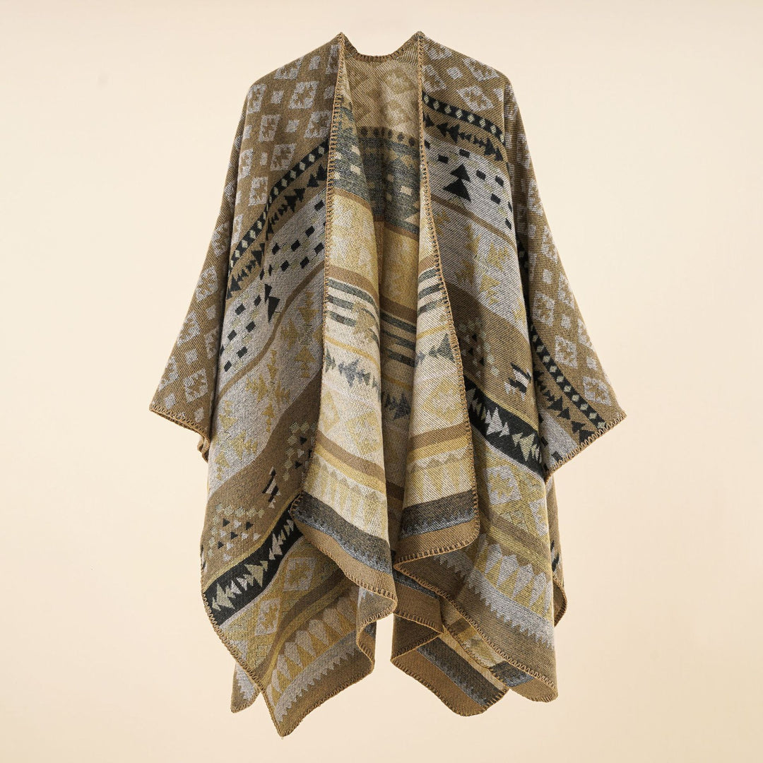 Damen Oversize Strickponcho mit Ethno-Geometrischem Muster Drune