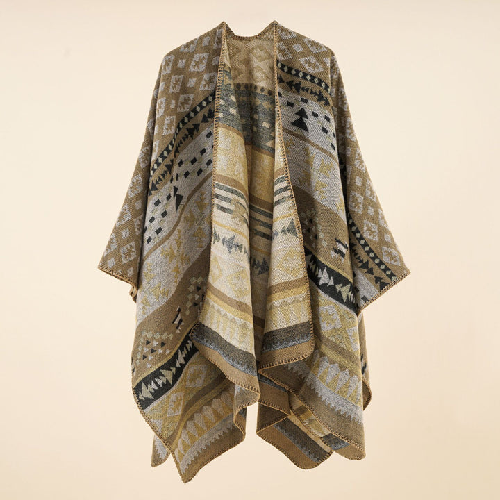Damen Oversize Strickponcho mit Ethno-Geometrischem Muster Drune