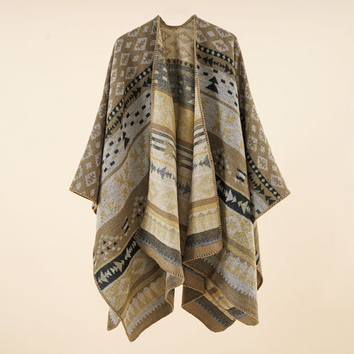 Damen Oversize Strickponcho mit Ethno-Geometrischem Muster Drune