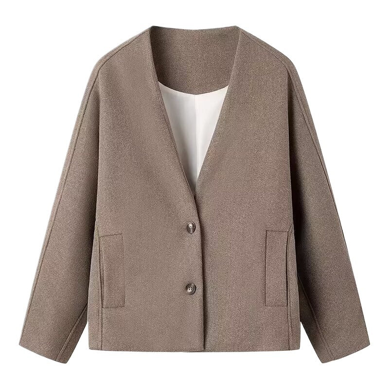 Damen elegante Langarmjacke mit V-Ausschnitt und schlichten Knopfdetails Drune