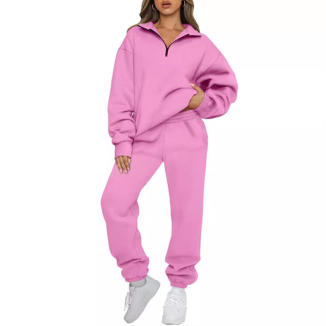 Damen lässiger Hoodie-Trainingsanzug mit Reißverschluss und bundlosen Hosen Drune