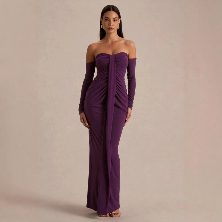 Damen trägerloses Abendkleid mit langen Ärmeln und raffinierten Rüschendetails Drune