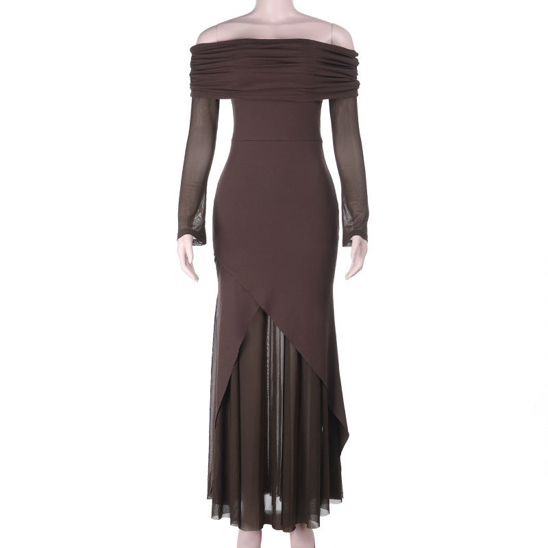 Damen elegantes schulterfreies Maxikleid mit raffiniertem Rüschenoberteil und asymmetrischem Saum Drune