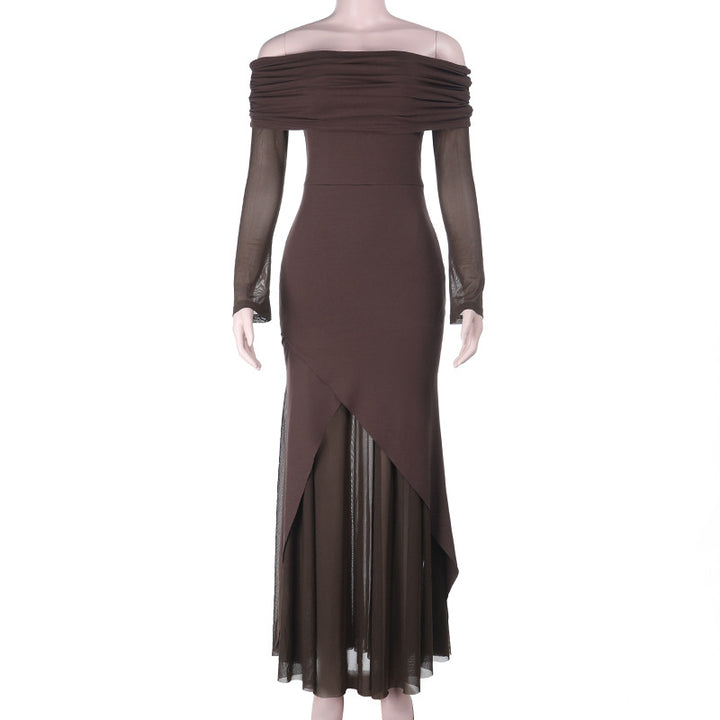 Damen elegantes schulterfreies Maxikleid mit raffiniertem Rüschenoberteil und asymmetrischem Saum Drune