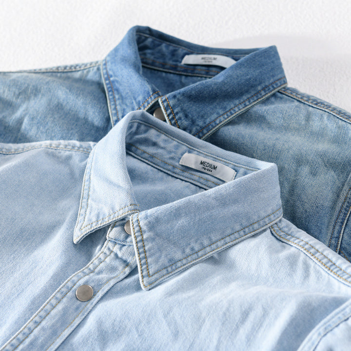 Herren Vintage-Jeanshemdjacke im Overshirt-Look mit Druckknöpfen und Kontrastnähten Drune