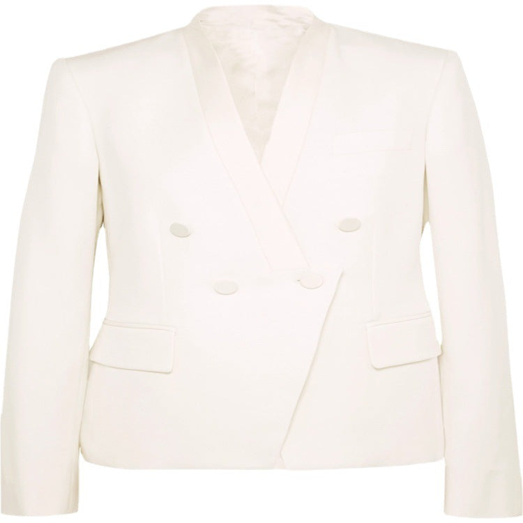Damen Couture-Zweireiher-Blazer mit minimalistischem Schalkragen und nahtverdeckten Stoffknöpfen Drune
