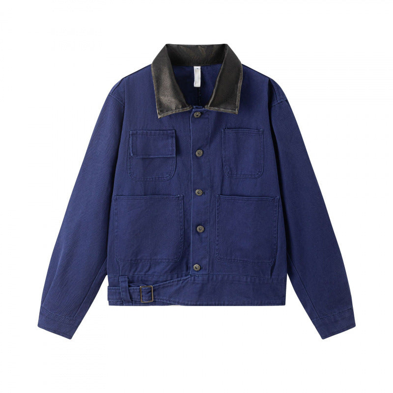 Herren Leichtes Canvas-Worker-Blouson mit Lederimitat-Kragen, vier aufgesetzten Taschen und verstellbarem Taillenriegel Drune