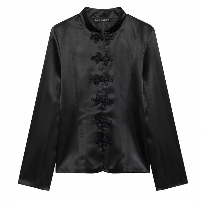 Damen Satinbluse mit Mandarinkragen und dekorativen Knotenverschlüssen Drune