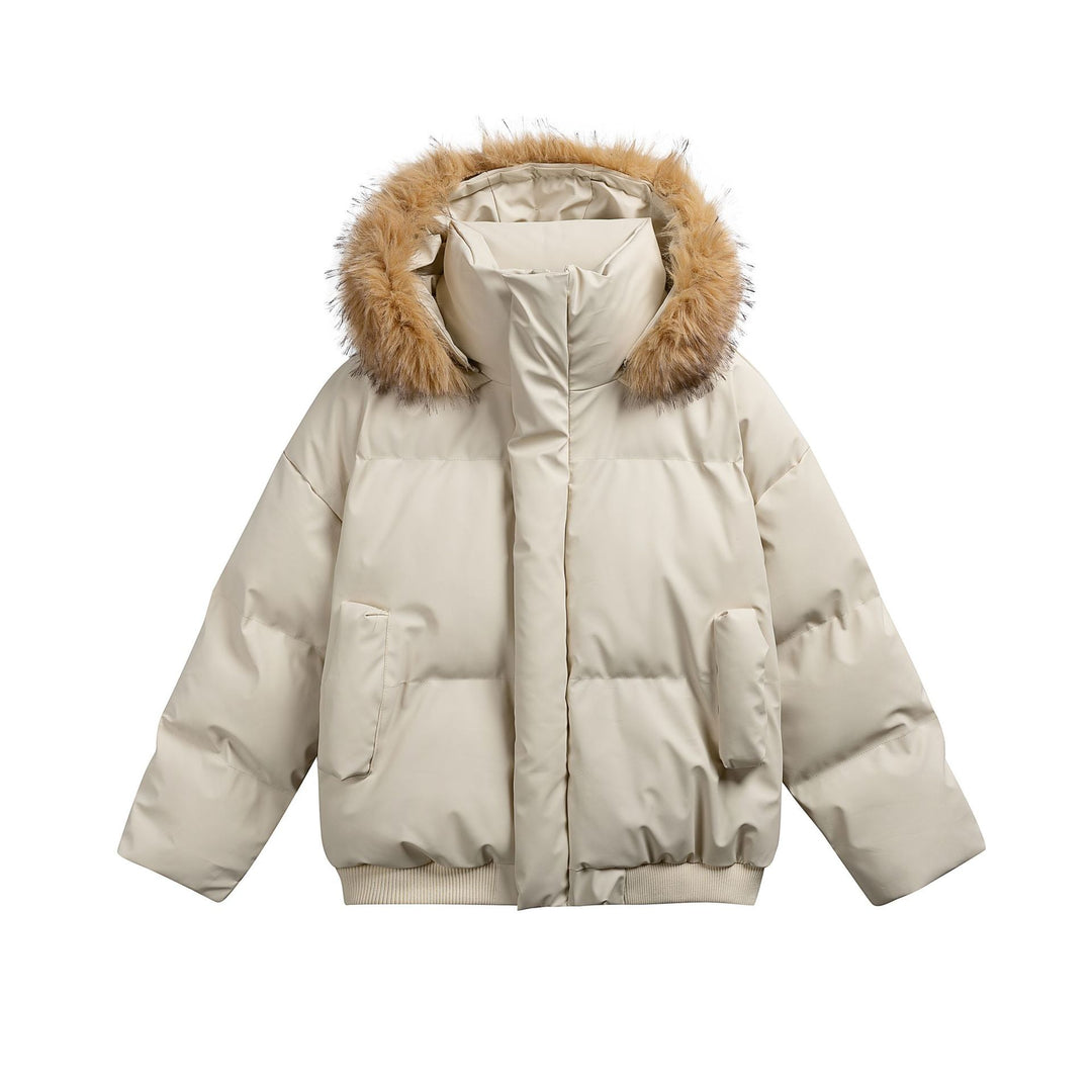 Damen Wattierte Kurzsteppjacke mit Kunstfellkapuze und geripptem Saum Drune