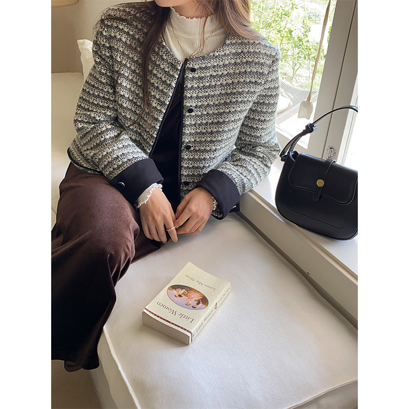 Damen modische Jacke im Tweed-Look mit Rundhalsausschnitt Drune