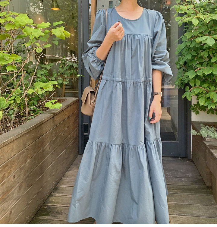 Damen Langes Stufenkleid mit Ballonärmeln und Tunnelzug Drune