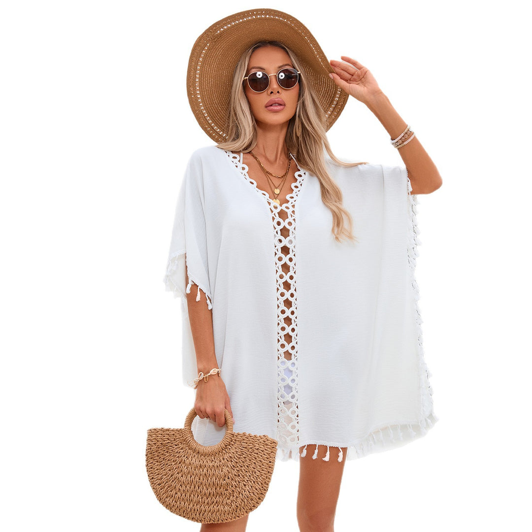 Damen luftiger Strandüberwurf mit romantischem Häkelmuster und fransigen Akzenten Drune