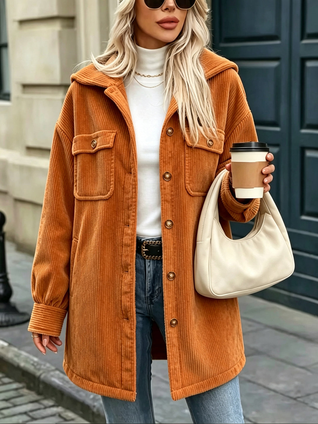 Damen Cordjacke mit Kapuze, oversized und aufgesetzten Taschen Drune