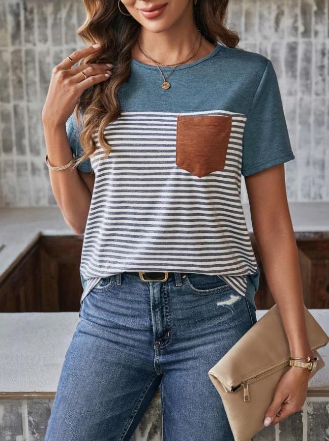 Damen Trendiges T-Shirt mit gestreiftem Design und Leder-Tasche Drune